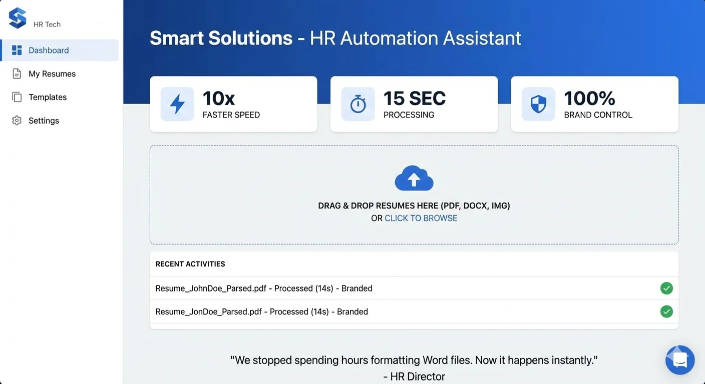 Главный дашборд HR AI Assistant — метрики 10× / 15 сек / 100% Brand Control и drag-and-drop загрузка резюме