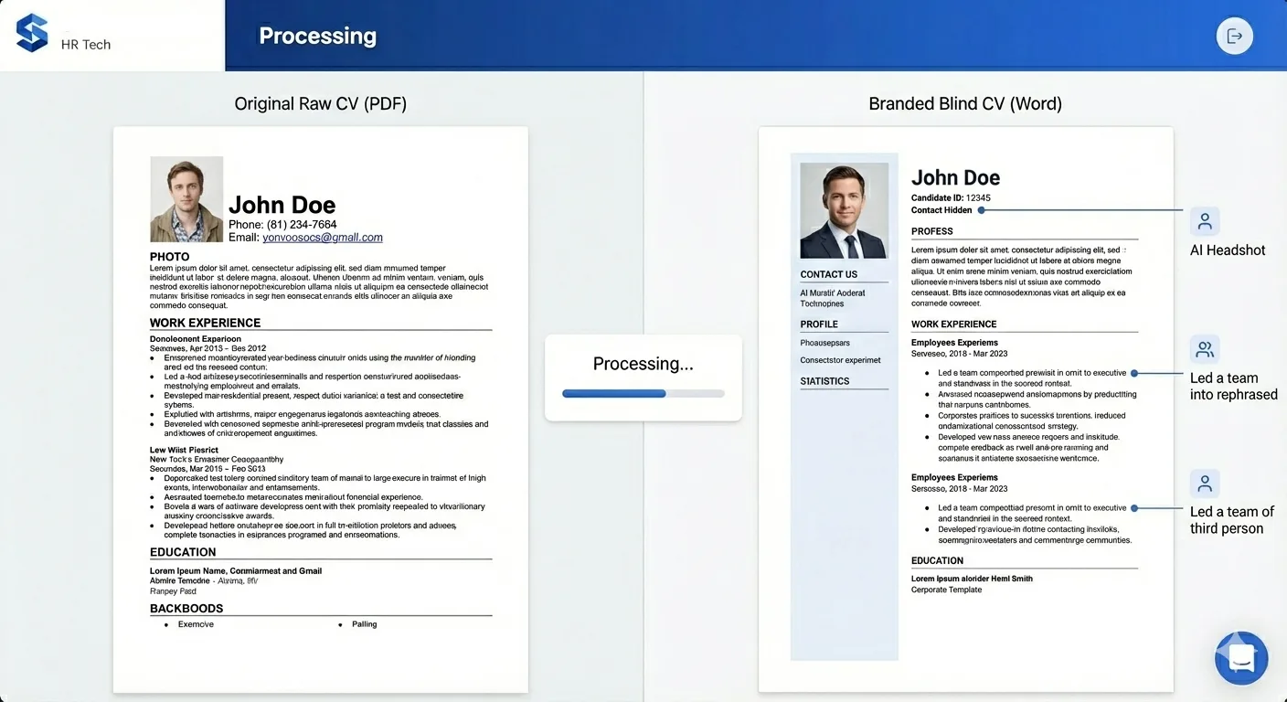 Процесс обработки резюме: сырой PDF слева, готовый Blind CV справа с AI Headshot и скрытыми контактами