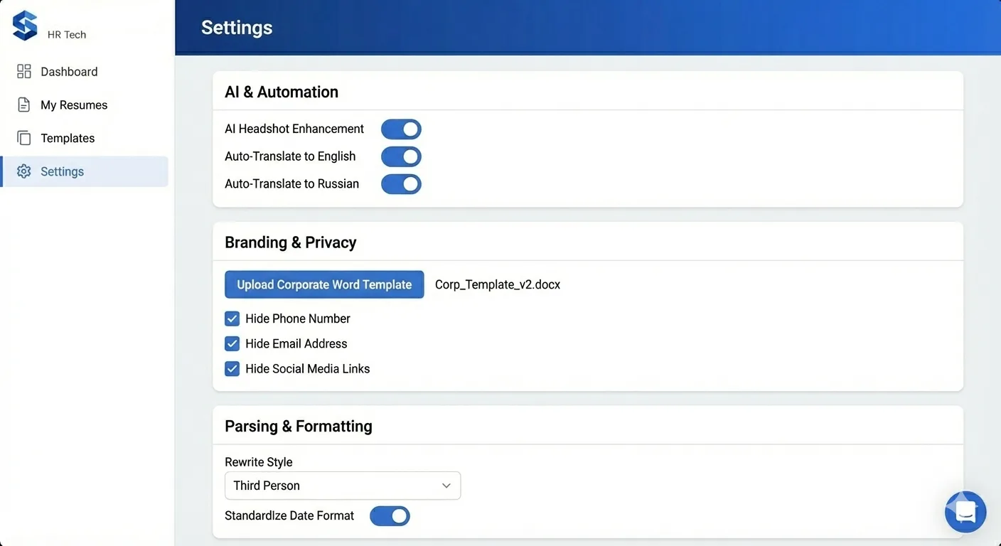 Панель настроек HR AI Assistant — управление AI-функциями, брендингом и параметрами парсинга