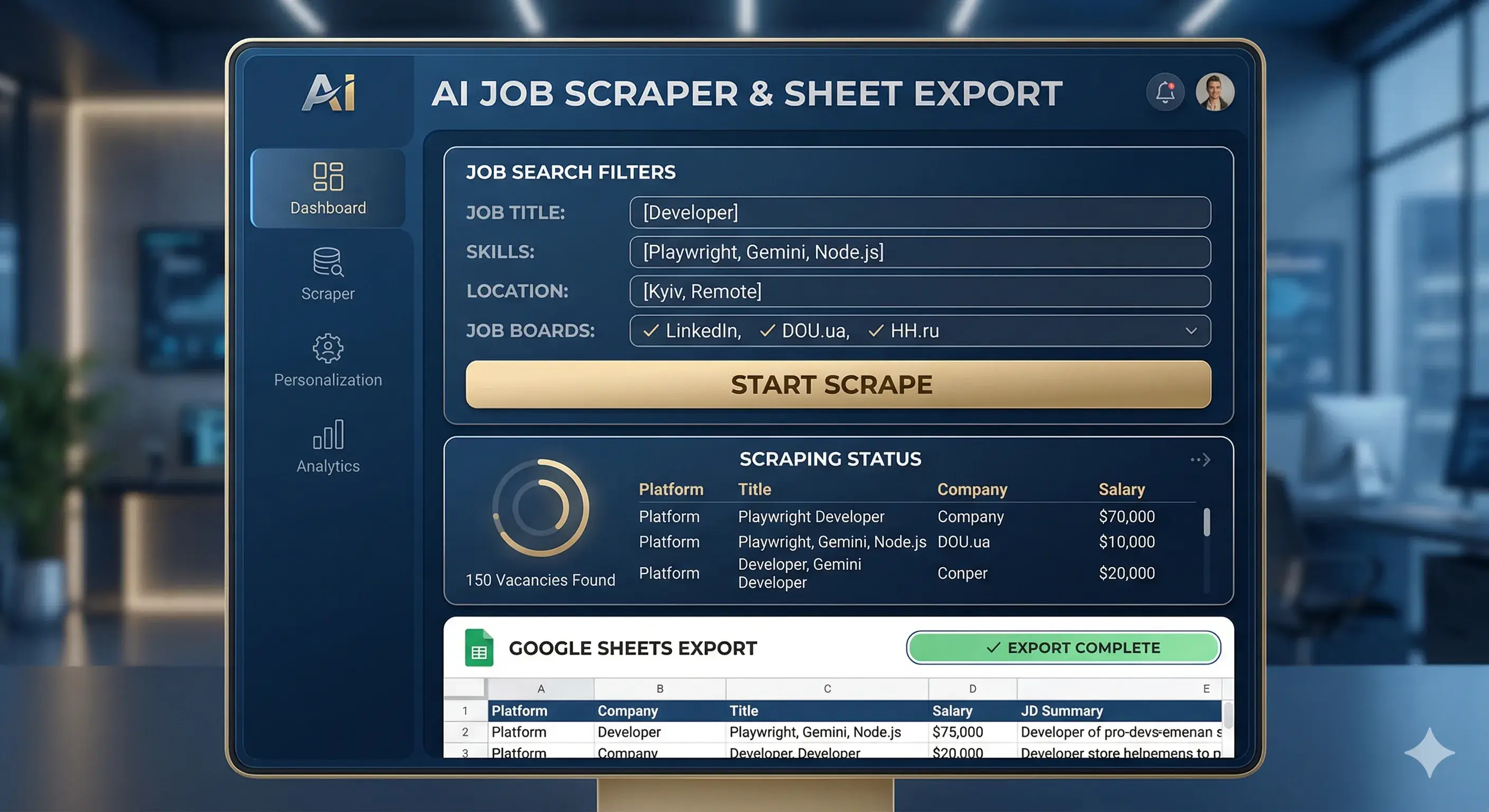 Панель управления скрейпером и экспорт в Google Sheets